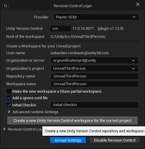 Source Control Login window - create a new workspace on cloud