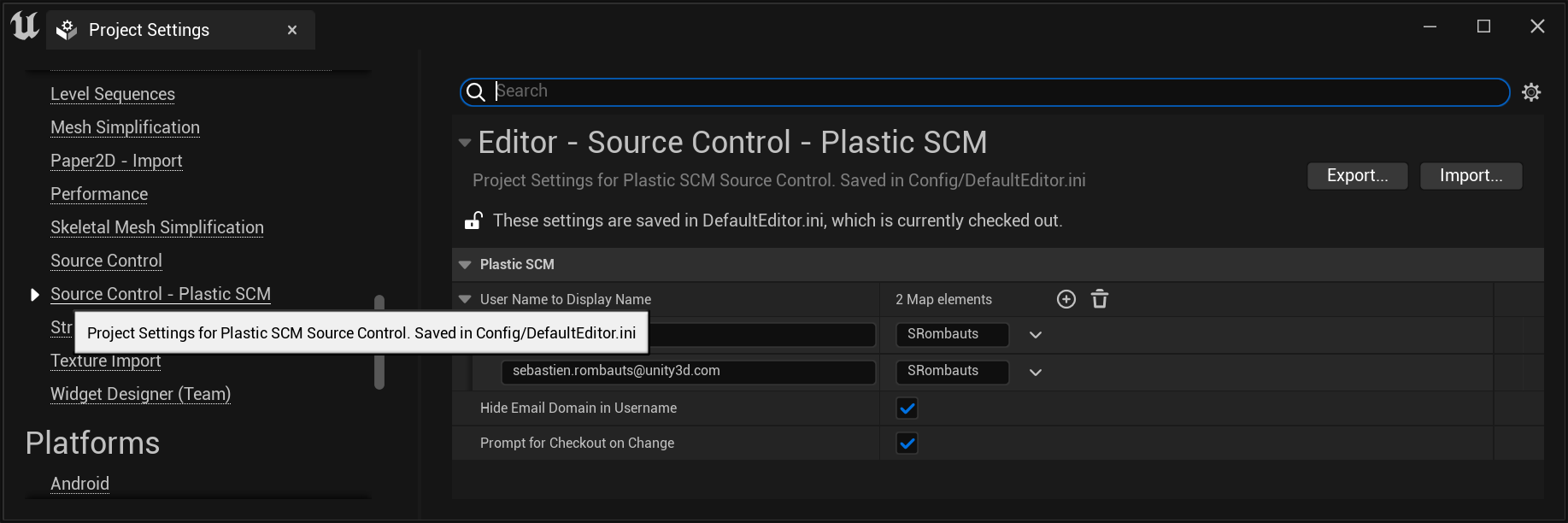 Project Settings - Source Control - Plastic SCM
