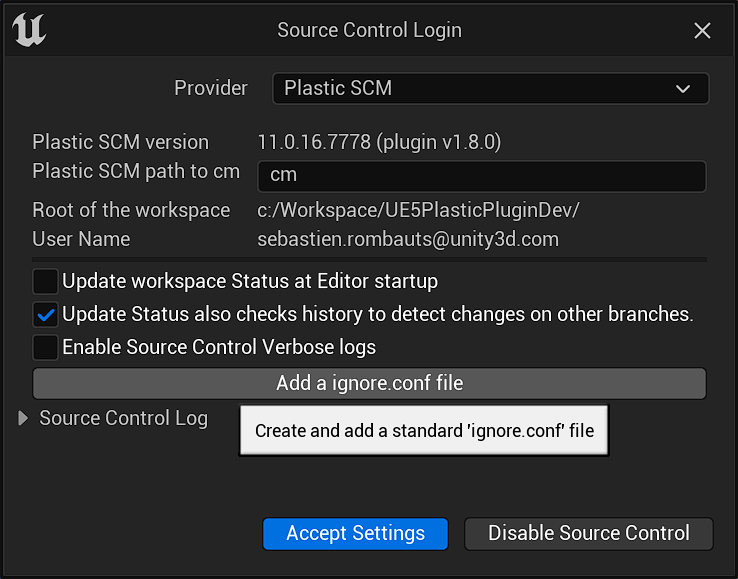 Source Control Login window - Add a ignore.conf file