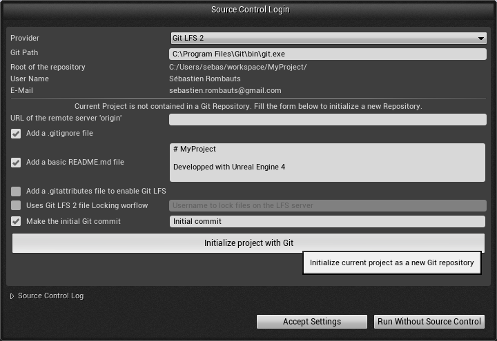 Source Control Login window - create a new repository